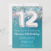 第12誕生日招待状ティール(緑がかった色)銀グリッター 招待状 (正面)