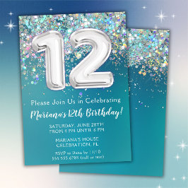 第12誕生日招待状ティール（緑がかった色）銀グリッター 招待状