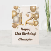 第12誕生日金ゴールドバルーン及び紙吹雪誕生日 カード (正面)