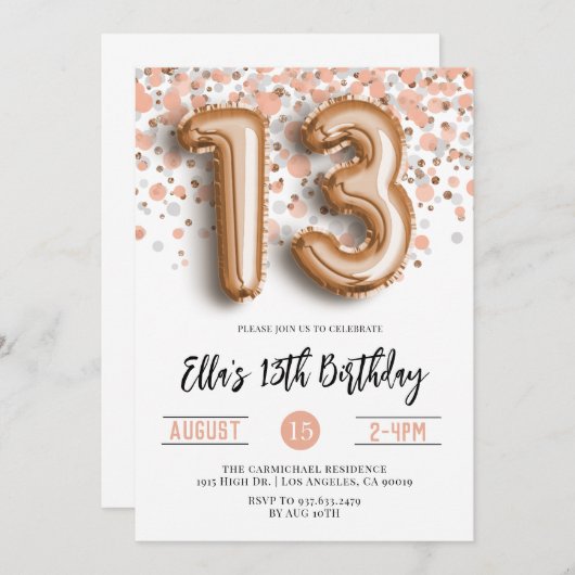 第13バラ金ゴールド誕生日招待状 招待状 (正面/裏面)