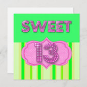 第13回スウィート13バースデーパーティーピンクライム モダン 招待状 (正面/裏面)