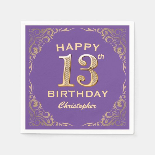 第13回バースデーパーティーパープルと金ゴールドグリッターフレーム スタンダードカクテルナプキン (正面)