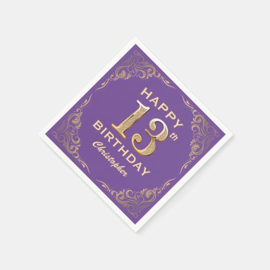第13回バースデーパーティーパープルと金ゴールドグリッターフレーム スタンダードカクテルナプキン (角)