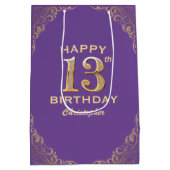 第13回バースデーパーティーパープルと金ゴールドグリッターフレーム ミディアムペーパーバッグ (裏面)