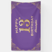第13回バースデーパーティーパープルと金ゴールドグリッターフレーム 横断幕 (縦)