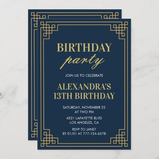 第13回バースデーパーティー招待ガールネイビー金ゴールド 招待状 (正面/裏面)