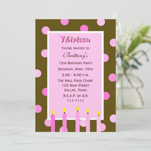 第13回バースデーパーティー招待ピンク水玉模様 招待状 (スタンド正面)