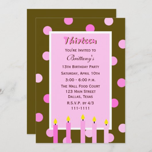 第13回バースデーパーティー招待ピンク水玉模様 招待状 (正面/裏面)