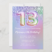 第13回バースデーパーティー招待紫ピンクグリッター 招待状 (正面)