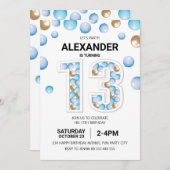 第13回バースデーパーティー,ブルーと金ゴールドバルーンボーイ 招待状 (正面/裏面)