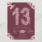 第13回ビッグ誕生日ガールピンク花緑 招待状 (正面/裏面)