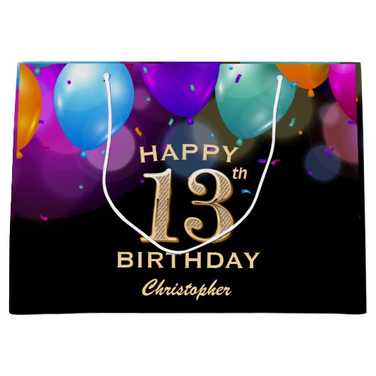 第13回誕生会黒と金ゴールド気球 ラージペーパーバッグ (正面)