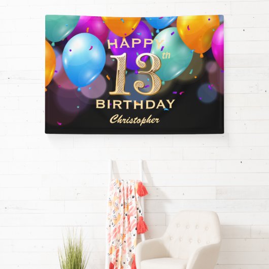 第13回誕生会黒と金ゴールド気球 横断幕 (インサイチュ)