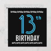 第13回誕生日パーティモダンブラック&カラー番号 招待状 (正面/裏面)