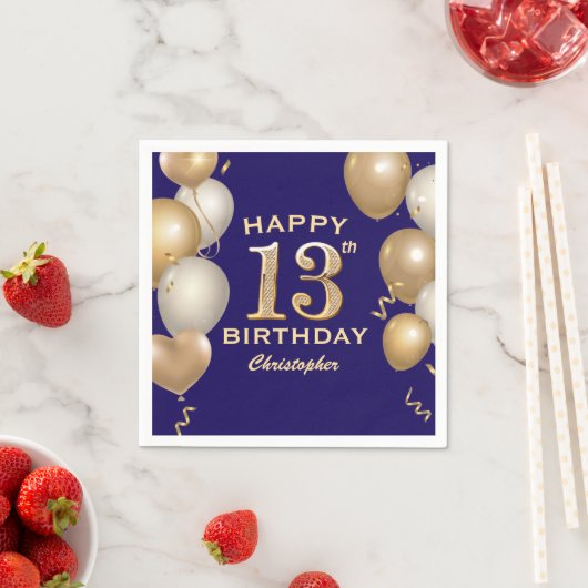 第13回誕生日会ネイビーブルーと金ゴールド風船 スタンダードカクテルナプキン (インサイチュ)