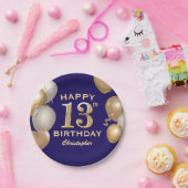 第13回誕生日会ネイビーブルーと金ゴールド風船 ペーパープレート (パーティー)