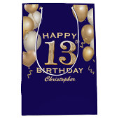 第13回誕生日会ネイビーブルーと金ゴールド風船 ミディアムペーパーバッグ (正面)