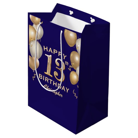 第13回誕生日会ネイビーブルーと金ゴールド風船 ミディアムペーパーバッグ (裏面アングル)