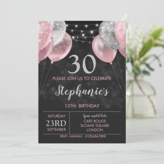 第13招待状ピンクシルバー誕生日招待状 招待状 (スタンド正面)