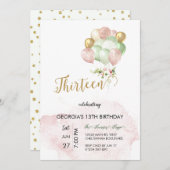 第13招待状ピンクシルバー誕生日招待状 招待状 (正面/裏面)