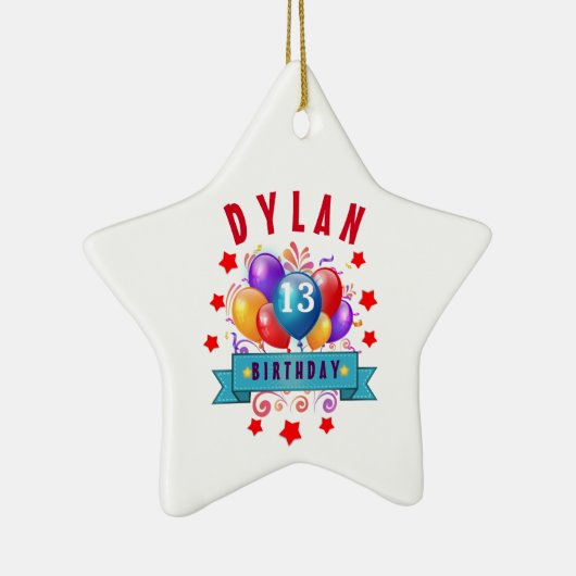 第13誕生日のお祝いの気球および赤の星102Z セラミックオーナメント (右)