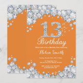 第13誕生日のオレンジおよび銀製のダイヤモンド 招待状 (正面/裏面)