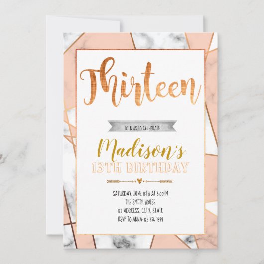 第13誕生日の招待に大理石模様をつけて下さい 招待状 (正面)