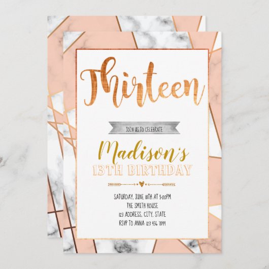 第13誕生日の招待に大理石模様をつけて下さい 招待状 (正面/裏面)
