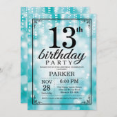 第13誕生日の招待状のティール(緑がかった色)のグリッター 招待状 (正面/裏面)