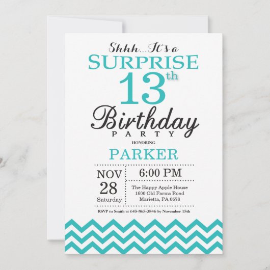 第13誕生日の招待状のティール(緑がかった色)シェブロンを驚かして下さい 招待状 (正面)