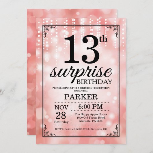 第13誕生日の招待状のピンクのグリッターを驚かして下さい 招待状 (正面/裏面)
