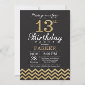 第13誕生日の招待状の黒および金ゴールドのグリッター 招待状 (正面)