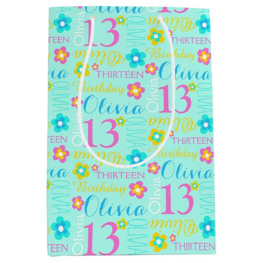 第13誕生日の水のティール(緑がかった色)のピンクの名前をカスタムするのギフトバッグ ミディアムペーパーバッグ (正面)