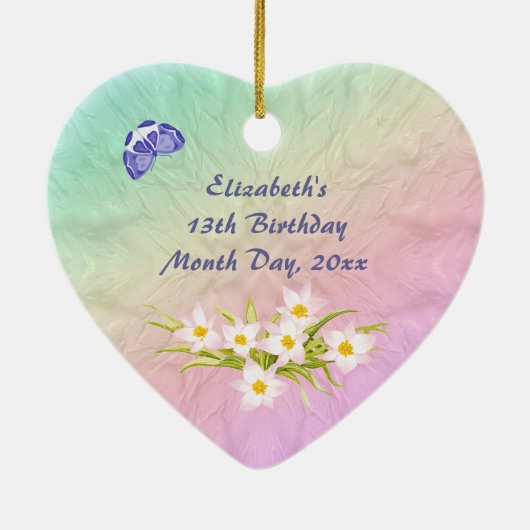 第13誕生日の虹の記念品のハートのオーナメント セラミックオーナメント (裏面)