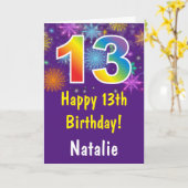 第13誕生日カラフルレインボー花火パープル カード (黄色い花)