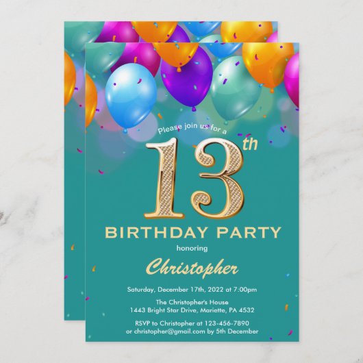 第13誕生日ティール（緑がかった色）と金ゴールドカラフル気球 招待状 (正面/裏面)