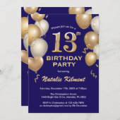 第13誕生日ネイビーブルーと金ゴールドグリッターバルーン 招待状 (正面/裏面)