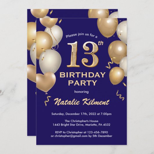 第13誕生日ネイビーブルーと金ゴールドグリッターバルーン 招待状 (正面/裏面)