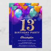 第13誕生日ネイビーブルーと金ゴールドバルーンカラフル 招待状 (正面/裏面)