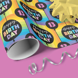 第13誕生日バルーンレインボーストライプチェック ラッピングペーパー