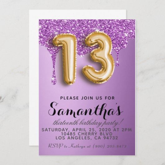 第13誕生日フェイクグリッター招待状 招待状 (正面/裏面)