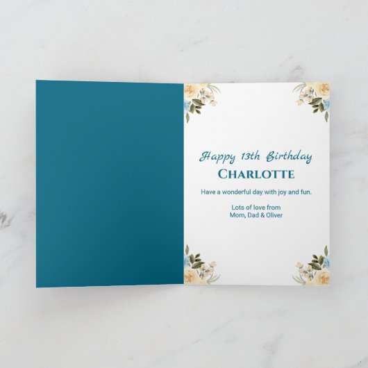第13誕生日フォトコラージイエローフラワーティール（緑がかった色） カード (内部)