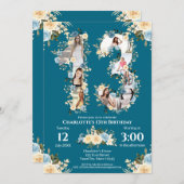 第13誕生日フォトコラージュティール(緑がかった色)黄色い花 招待状 (正面/裏面)