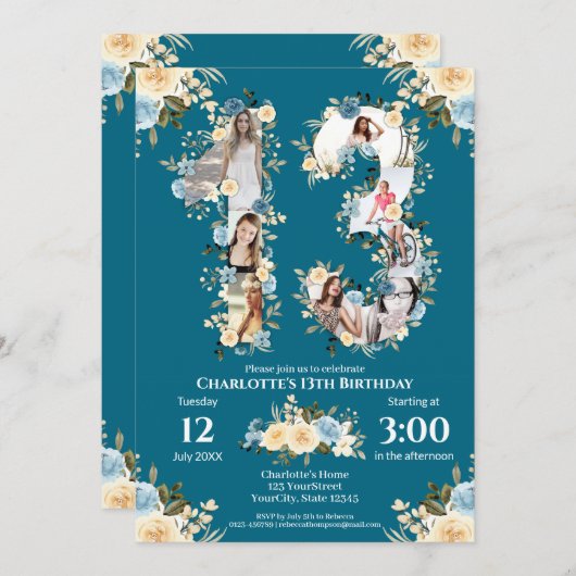 第13誕生日フォトコラージュティール(緑がかった色)黄色い花 招待状 (正面/裏面)
