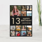 第13誕生日フォトコラージュ13枚の写真黒と金ゴールド カード (正面)