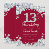 第13誕生日ブルゴーニュ赤と銀ダイヤモンド 招待状 (正面/裏面)