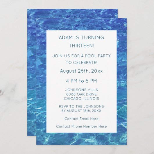 第13誕生日ブループールパーティー水パターンクール 招待状 (正面/裏面)