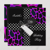 第13誕生日動物水玉模様パープル白黒 招待状 (正面/裏面)