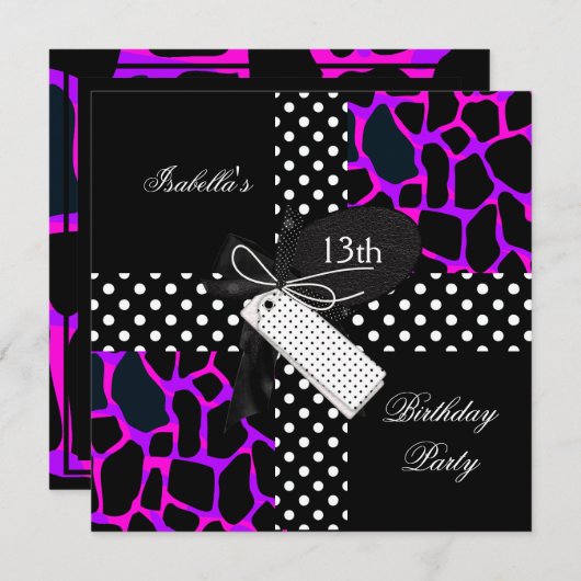 第13誕生日動物水玉模様パープル白黒 招待状 (正面/裏面)