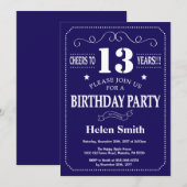 第13誕生日招待状ネイビーブルーアンドホワイト 招待状 (正面/裏面)
